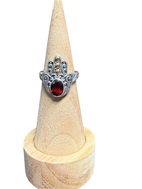 Samuel B. Silver Hamsa Ring with Deep Red Garnet and Gold Accents